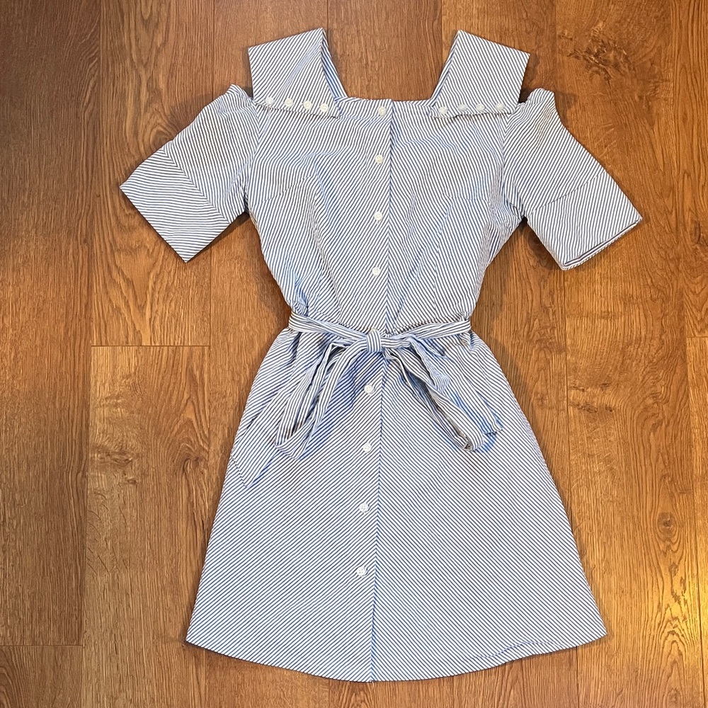 Quaint Off-Shoulder Tailored Striped Dress with Belt